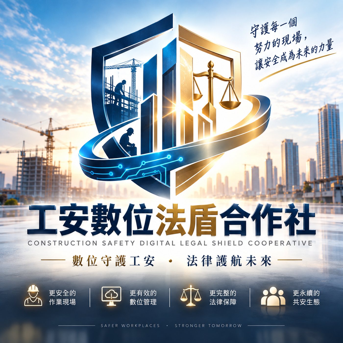 工安數位法盾合作社主視覺：盾牌內含營造工地與法律天秤，環繞數位軌跡